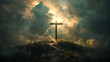 Holy cross symbolizing the death and resurrection of Jesus Christ, shrouded in light and clouds.
