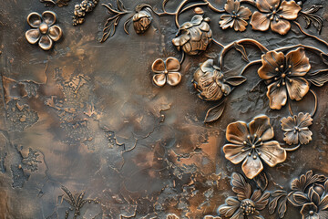 Poster - Oxidized bronze antique floral pattern art background image. Created with Generative AI technology.