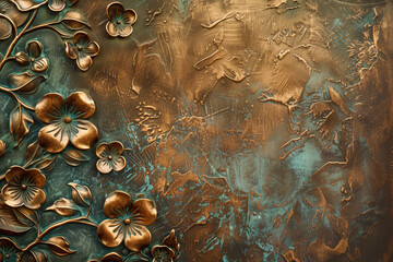 Poster - Oxidized bronze antique floral pattern art background image. Created with Generative AI technology.