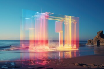 Digital pillars superimposed on a serene beach at sunset, Generated AI.