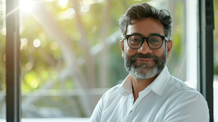 Wall Mural - Handsome 45 years old gentle Indian man, wearing glasses, formal slick hairstyle, smooth face in a modern office building, wearing white shirt, beside a huge window