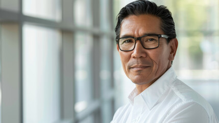 Wall Mural - Handsome 45 years old gentle Native American man, wearing glasses, formal slick hairstyle, smooth face in a modern office building, wearing white shirt, beside a huge window