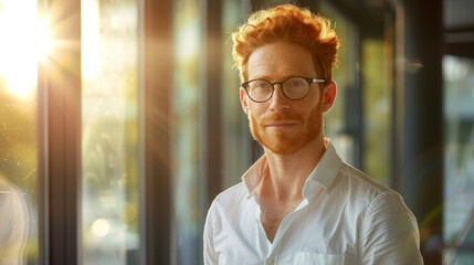 Wall Mural - Handsome 45 years old gentle caucasian ginger red hair man, wearing glasses, formal slick hairstyle, smooth face in a modern office building, wearing white shirt, beside a huge window