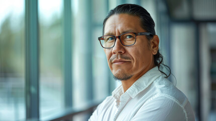 Wall Mural - Handsome 45 years old gentle Native American man, wearing glasses, formal slick hairstyle, smooth face in a modern office building, wearing white shirt, beside a huge window