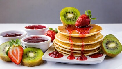 Wall Mural - Delicious Pancakes with Strawberry Kiwi Sauce