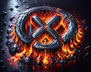 Poster - metal circle with x frame made of molten metal and lava on fire abstraction. Generative AI. Generative AI