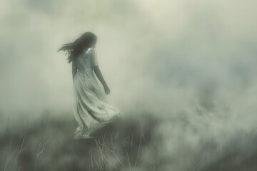 A blur art of a woman figure walking in mist foggy place in grey colors. A lonely blurred female silhouette walks away. . Cinematic blur art photography style. Concept of loneliness