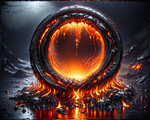 Poster - metal circle made of molten metal and lava on fire abstraction. Generative AI
