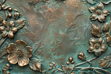 Poster - Oxidized bronze antique floral pattern art background image. Created with Generative AI technology.
