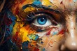 Eye with colorful paint strokes on skin. Generated AI.