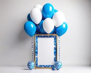 Poster - festive frame decorated with white and blue balloons. Generative AI