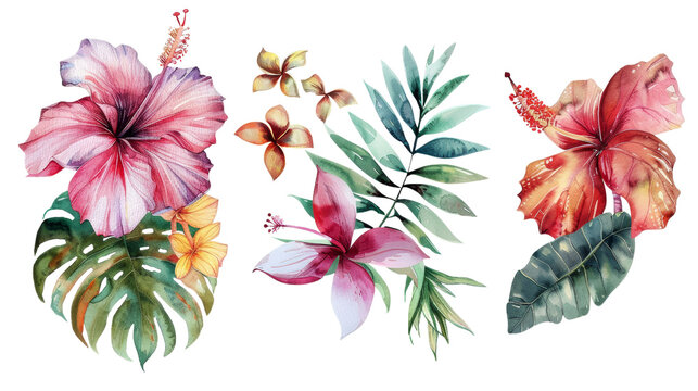 Watercolor Tropical Flower Compositions Isolated on Transparent Background, PNG Format