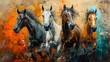 Artwork from the present, abstract, metal elements, textured background, animals, horses...