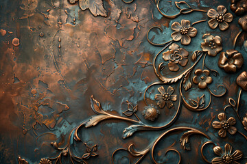 Poster - Oxidized bronze antique floral pattern art background image. Created with Generative AI technology.