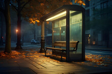 Illuminated Bus Stop On A Deserted City Street At Twilight With Fallen Autumn Leaves. Moody Atmosphere And Empty Urban Scene Evoke Solitude And Calmness.