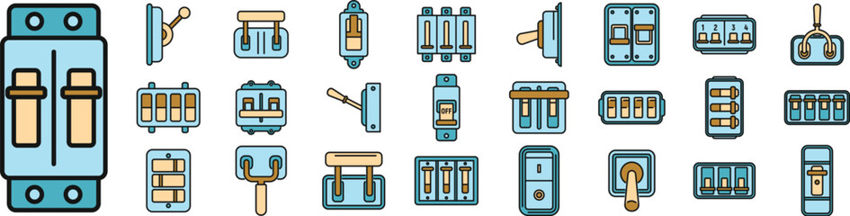 Poster - breaker switch icons set outline vector. cable chopper. circuit switch thin line color flat isolated