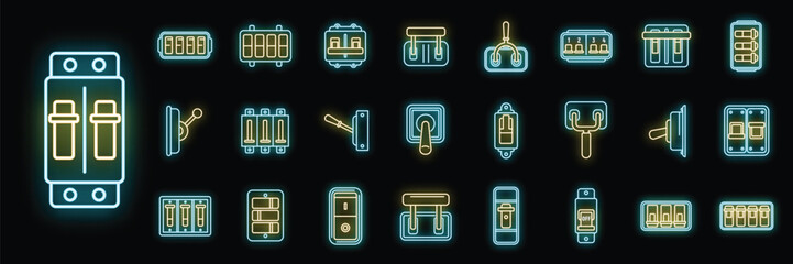 Poster - breaker switch icons set outline vector. cable chopper. circuit switch neon color on black