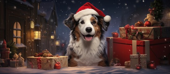 Sticker - A Canidae carnivore with a snout, the dog, a companion dog of the Sporting Group breed, wearing a santa hat, sits in front of Christmas presents as a working animal at the event