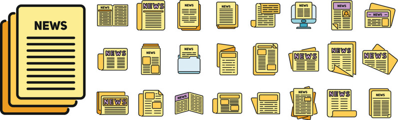 Wall Mural - Newspaper icons set outline vector. Stack magazine. Paper pile thin line color flat isolated