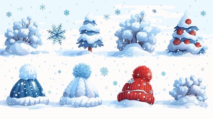 Aufkleber - A set of isolated snow caps for your design. Snowy elements on a snowy background. A modern template in cartoon style for your design. A snowfall with snowflakes fluttering.