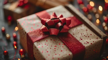 Canvas Print - Lights and a red bow decorate the gift box