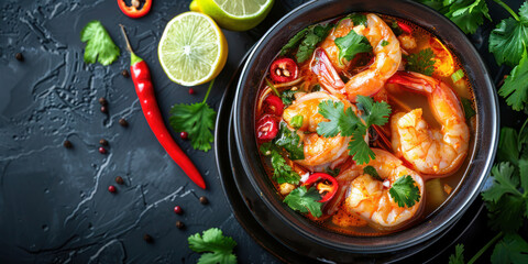 Wall Mural - Zesty Shrimp Soup with Fresh Herbs. A vibrant bowl of spicy shrimp soup garnished with fresh cilantro, chili, and lime, presenting a feast for the senses with its rich color and aromatic spices.