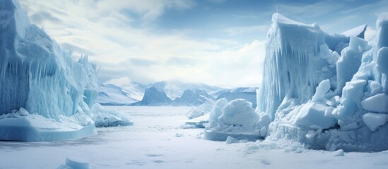 Poster - A freezing natural landscape with polar ice caps, icebergs, and snowy mountains under a cloudy sky. Water and wind complete the picturesque scene