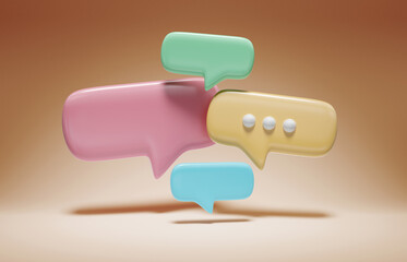 Wall Mural - Minimalist blue red green and yellow speech bubbles talk icons floating over orange background. Modern conversation or social media messages with shadow. 3D rendering