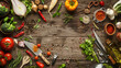 High Angle View of Rustic Wooden Kitchen Table with Cooking Ingredients