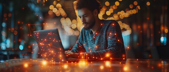 Fototapete - A businessman working on a laptop, with icons displayed on a virtual screen, against a blurred background of an office.