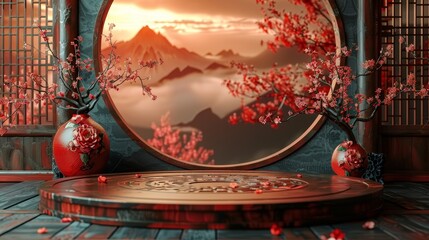 Aufkleber - On the background is a 3D rendering illustration of podium round stage podium and paper art Chinese New Year, Chinese Festivals, Mid Autumn Festival, red and gold, flower, and Asian elements.