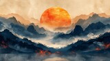 Fototapeta  - A background of abstract art incorporating Chinese wind wallpaper, ink wash, modern Chinese style, landscape painting, golden brushstrokes, paintings, posters and cards.