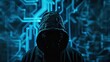Anonymous hooded hacker on digital technology background