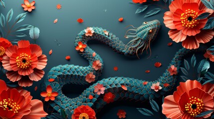 Aufkleber - Message on a colored background: Happy Chinese New Year 2025, Snake zodiac sign with flowers, lanterns, and Asian elements. (Translation: Happy Chinese New Year 2025, Snake zodiac sign)