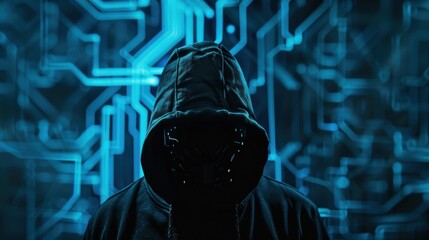 Wall Mural - Anonymous hooded hacker on digital technology background