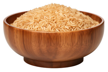 Wooden bowl full of brown rice, isolated on empty background.