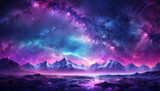 Fototapeta Na sufit - A purple and blue starry night sky with a mountain range in the foreground