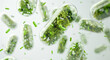 multiple green capsule pills floating in the air, each containing micro Battis and moss