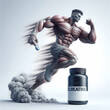 Illustration of Very muscular human body along with a bottle of creatine