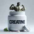 muscular figure emerging dynamically from a bottle of creatine, symbolizing the explosive increase in energy and strength that this supplement can provide