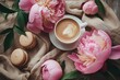 Coffee cup with macarons and pink peonies on a light background. Generated AI.
