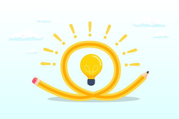 Bending pencil with bright lightbulb idea, creative idea, imagination, writing skill or learning and education (Vector)