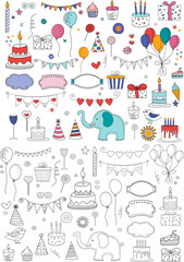 Wall Mural - cake, balls, gifts, sweets in doodle style sketch set, on a white background vector