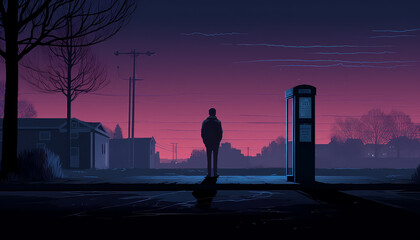 Wall Mural - A man stands in front of a telephone booth in a city at dusk