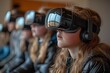People experiencing virtual reality with VR headsets. Generated AI.
