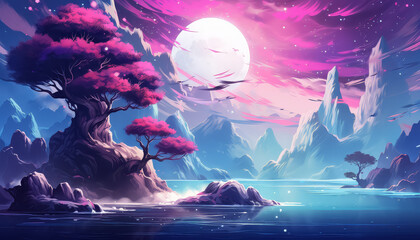 Wall Mural - A beautiful landscape with a large pink moon in the sky