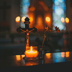 Wall Mural - A candle is lit next to a cross and a flower. The scene is set in a church