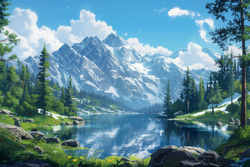 Wall Mural - A serene lake surrounded by snow-capped mountains and pine trees.