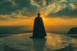 Figure in a cloak overlooking a sunset from a high vantage point, Generated AI.