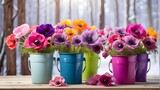 Fresh anemone blossoms in springtime displayed in colorful vases in buckets with smale on a white wooden table with a backdrop of a spring forest in the great outdoors